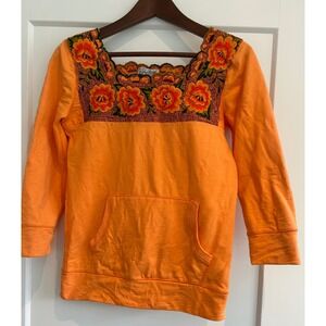 Lucky Brand Embroidered Floral cottagecore Sweatshirt XS Orange 3/4 sleeve boho‎